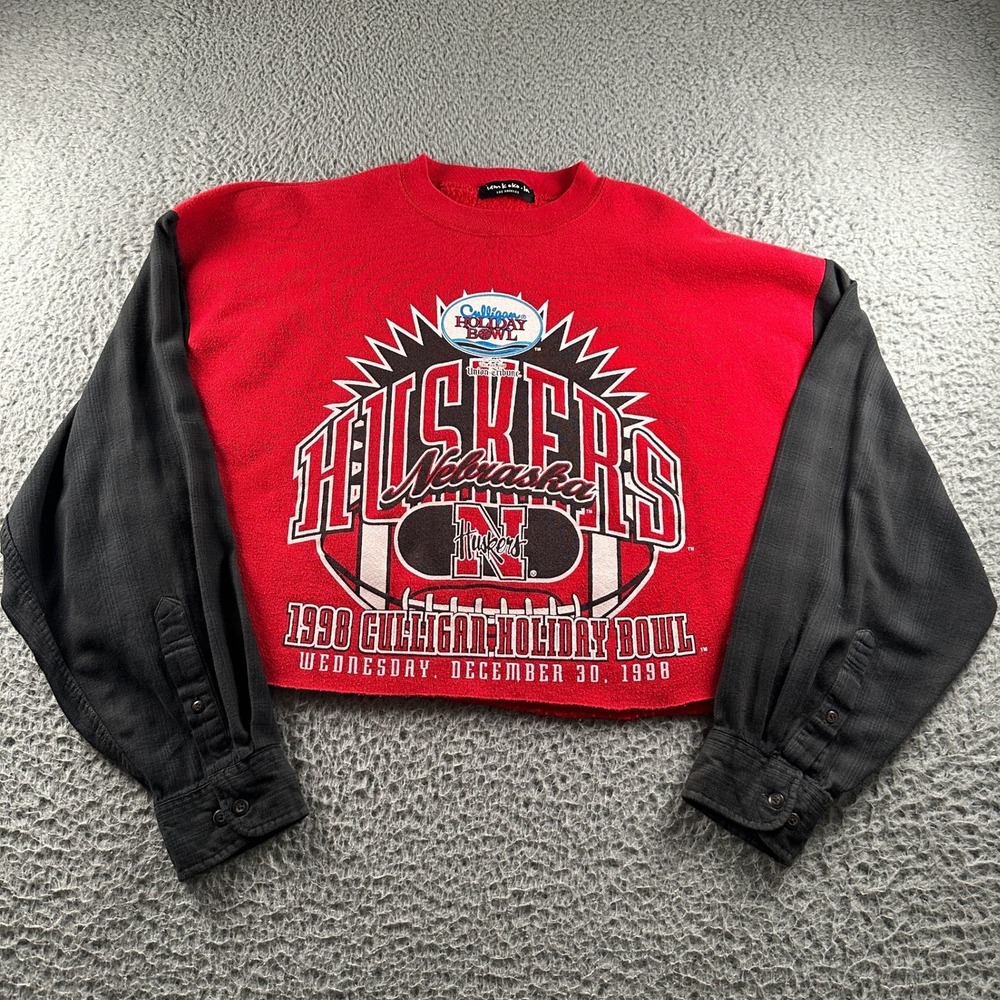 Reworked Vtg Sweatshirt Womens S Cropped Nebraska Huskers 1998 Holiday Bowl Red‎